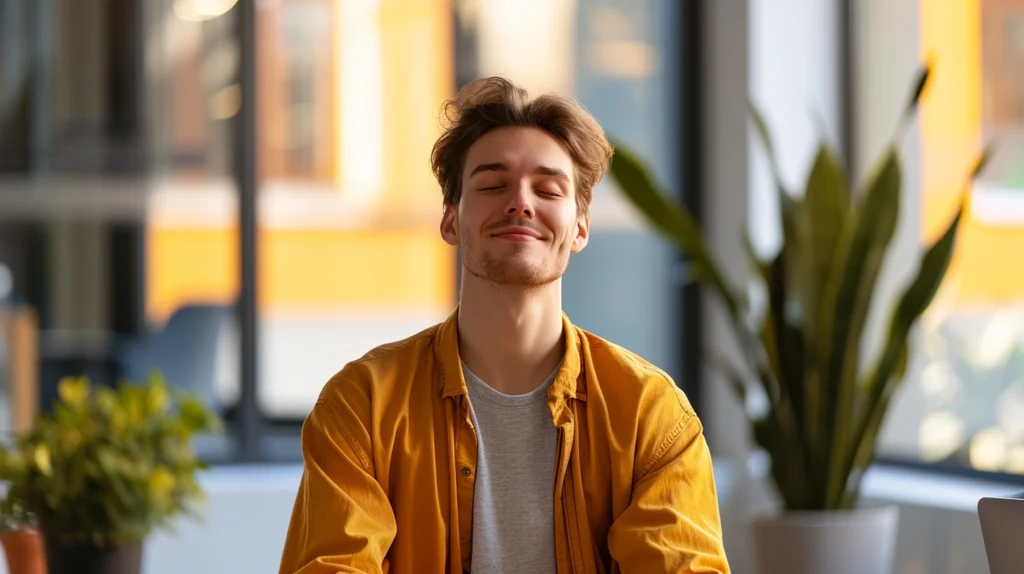 Hombre meditando en el Trabajo. Feliz y relajado. Beneficios de la meditación para combatir el estrés